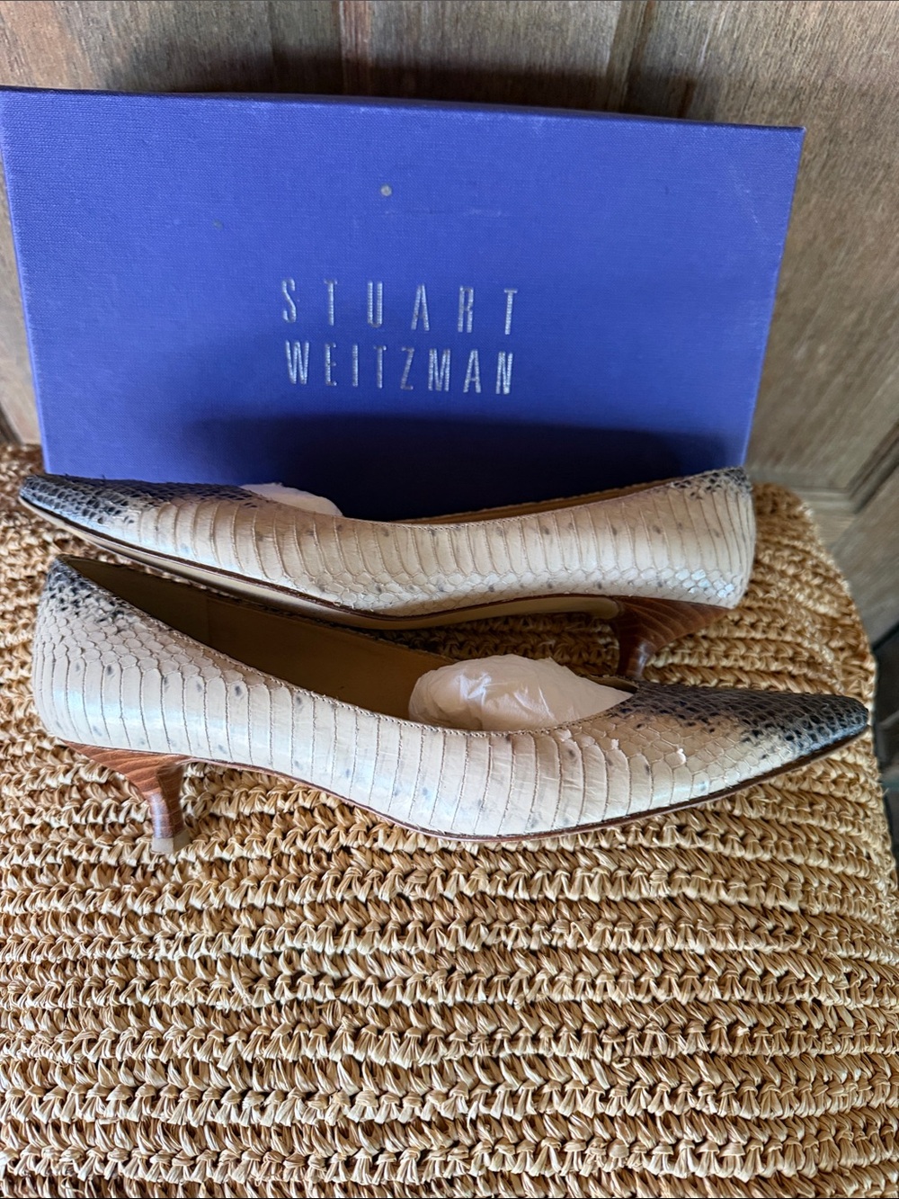 Stuart Weitzman Cream Snake-Embossed Pointed Kitten Heels